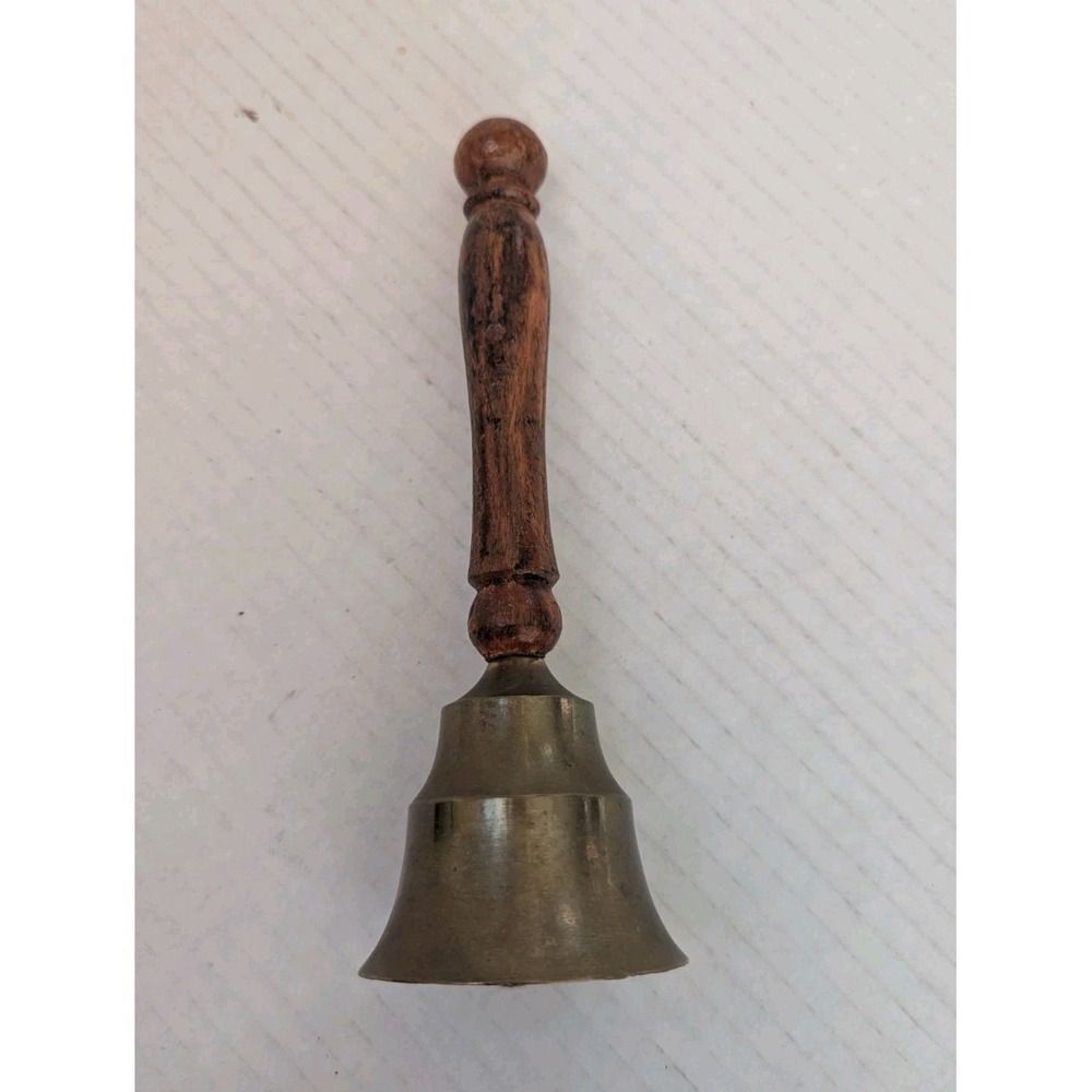 Vintage Brass Bell Wood Handle 7" Tall 2" Diameter